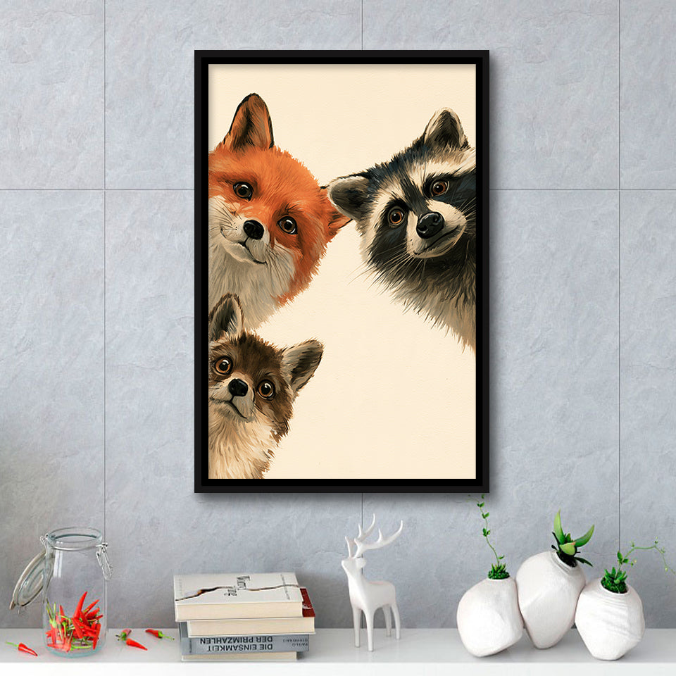Foxs And Raccoon Funny Portrait Painting Art, Kid Room Painting, Pet Lover Art, Framed Canvas Print, Floating Frame