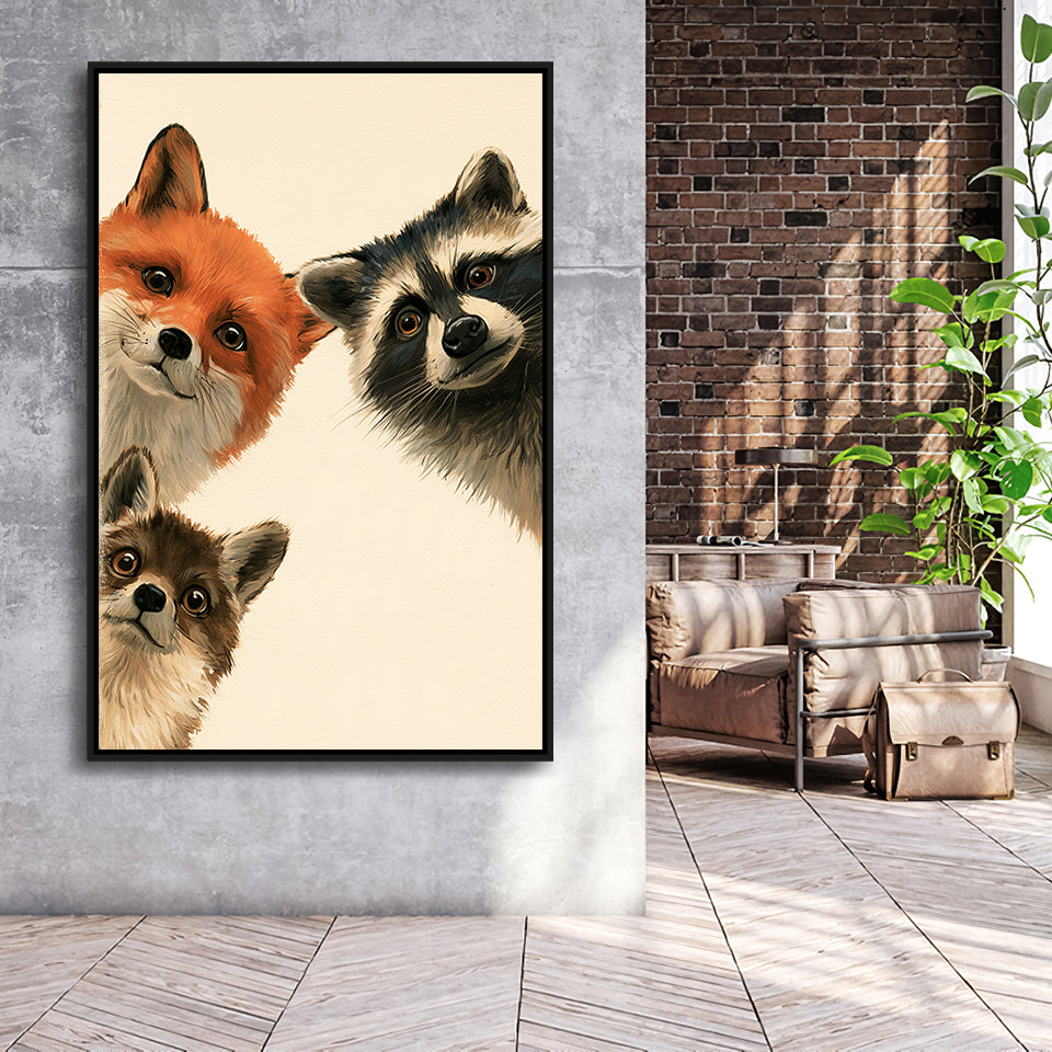 Foxs And Raccoon Funny Portrait Painting Art, Kid Room Painting, Pet Lover Art, Framed Canvas Print, Floating Frame