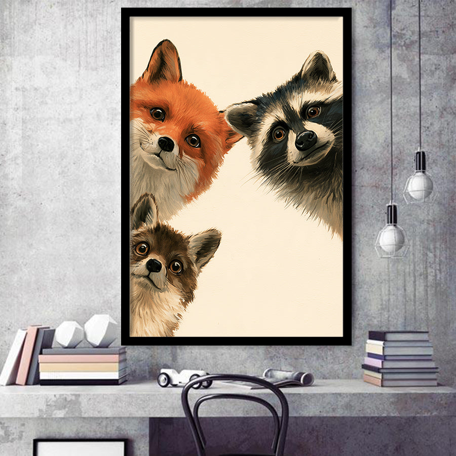 Foxs And Raccoon Funny Portrait Painting Art, Kid Room Painting, Pet Lover Art, Framed Art Print, Fine Art Wall Decor