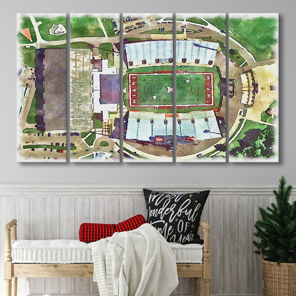 Fred C. Yager Stadium WaterColor 5 Panels B Mixed Canvas Prints, Extra Large, Oxford Ohio Watercolor