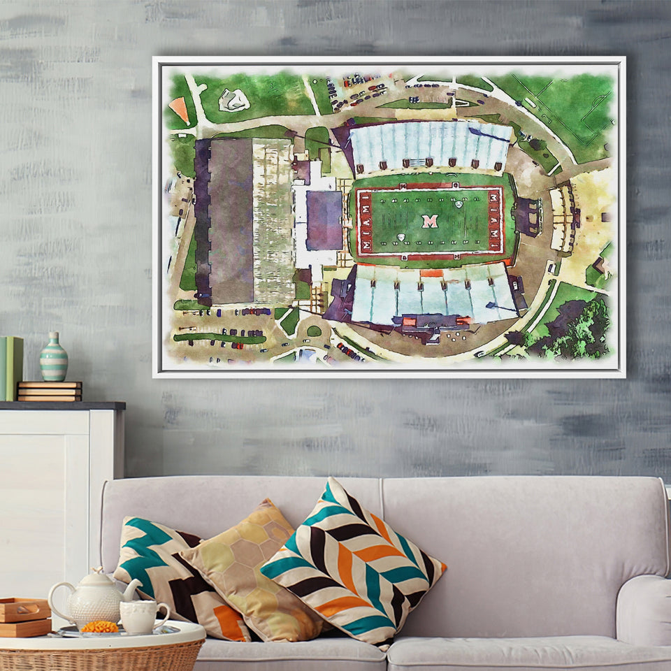 Fred C. Yager Stadium WaterColor Framed Canvas Prints, Oxford Ohio Watercolor, Stadium Art Gifts, Floating Frame