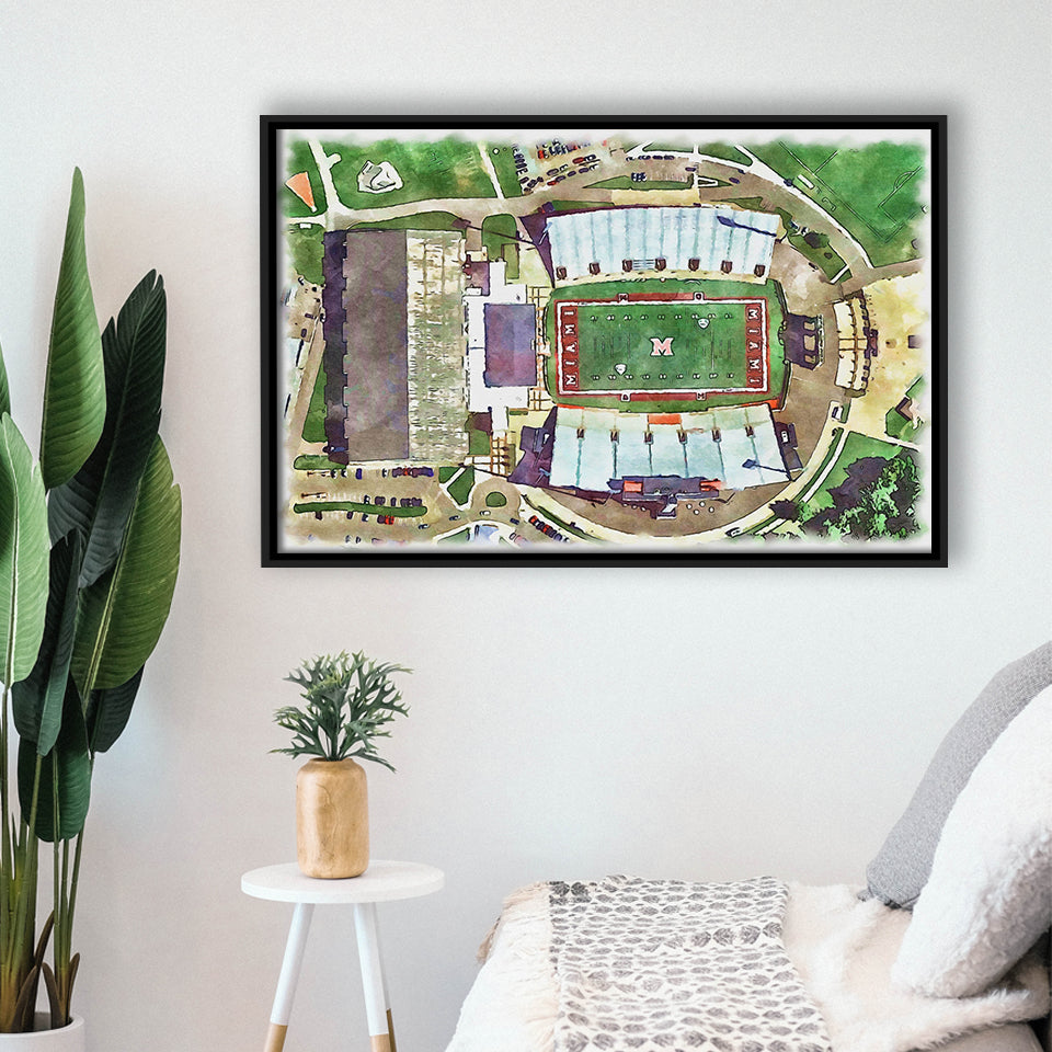 Fred C. Yager Stadium WaterColor Framed Canvas Prints, Oxford Ohio Watercolor, Stadium Art Gifts, Floating Frame