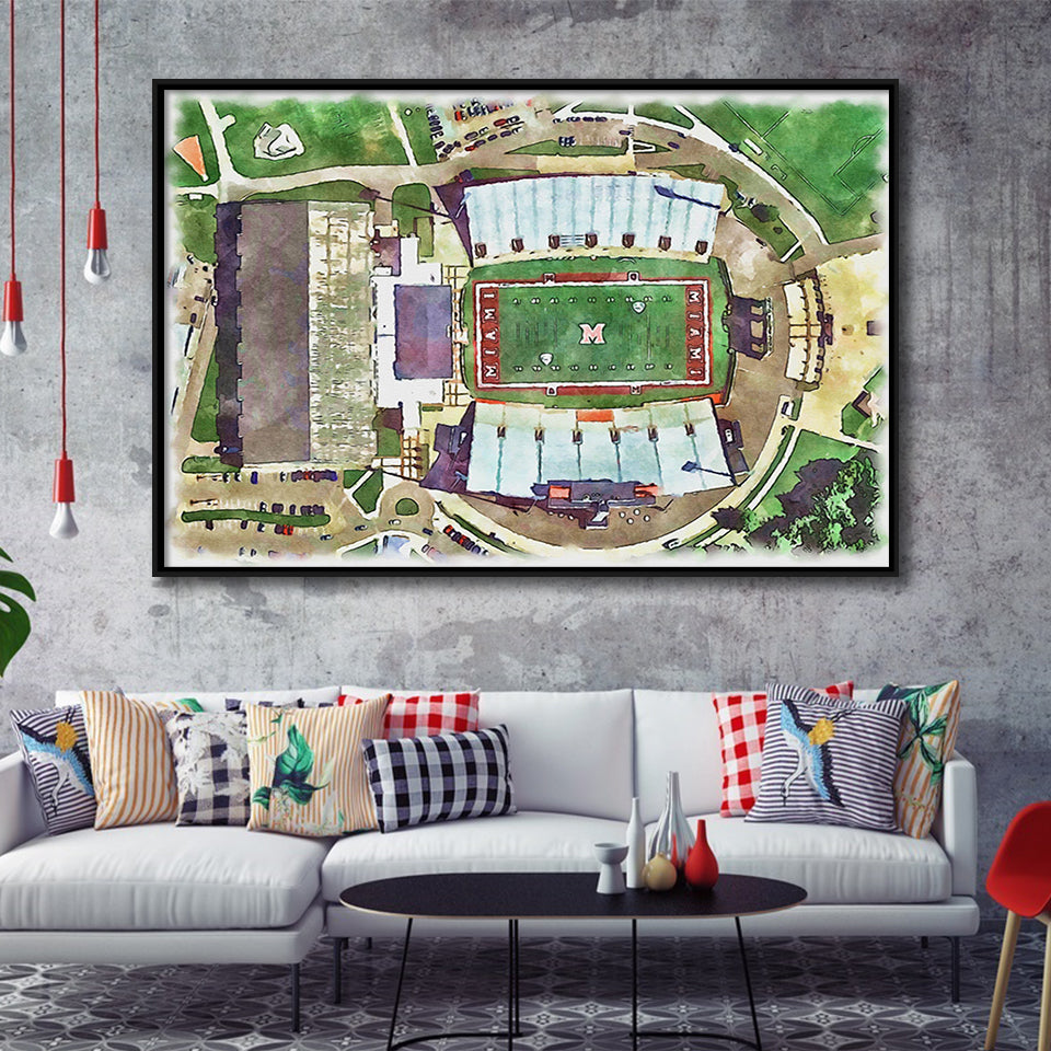 Fred C. Yager Stadium WaterColor Framed Canvas Prints, Oxford Ohio Watercolor, Stadium Art Gifts, Floating Frame