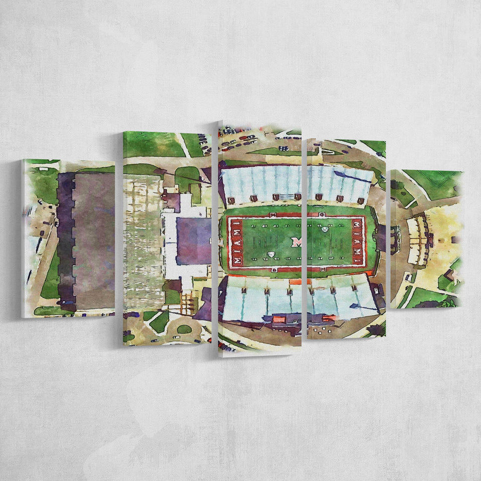 Fred C. Yager Stadium WaterColor 5 Panels Mix Canvas Prints, Oxford Ohio Watercolor, Large Stadium Canvas