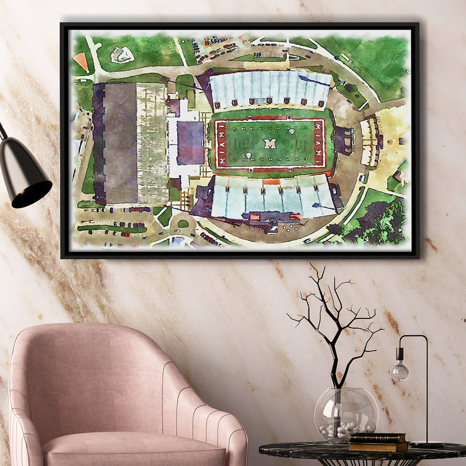 Fred C. Yager Stadium WaterColor Framed Canvas Prints, Oxford Ohio Watercolor, Stadium Art Gifts, Floating Frame