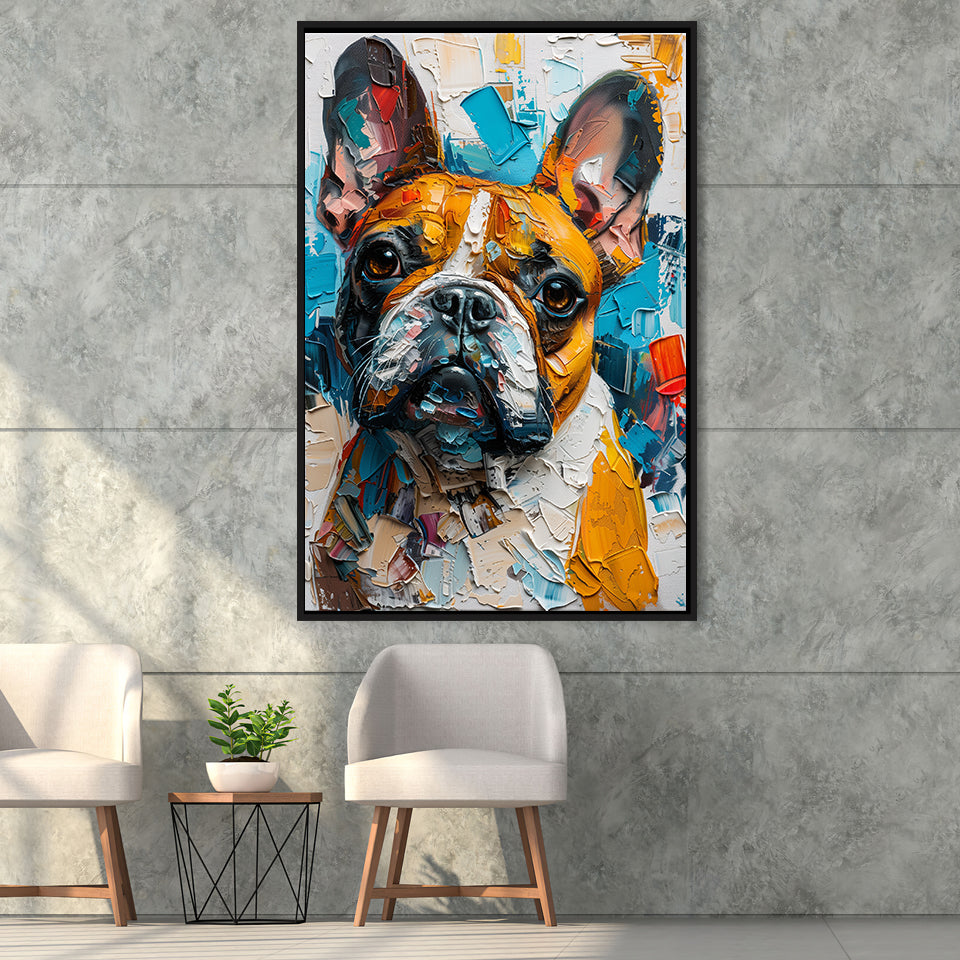 French Bulldog, Cute Dog Portrait Painting Colorful, Framed Canvas Prints Wall Art Decor, Floating Frame