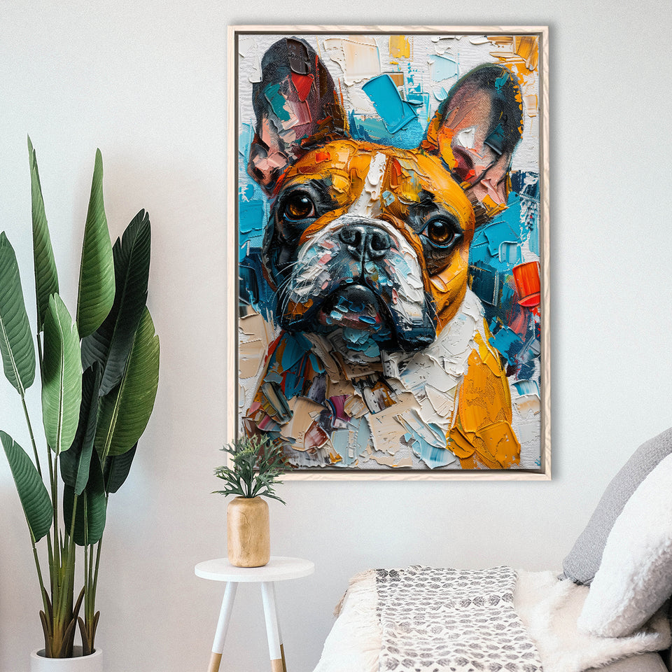 French Bulldog, Cute Dog Portrait Painting Colorful, Framed Canvas Prints Wall Art Decor, Floating Frame