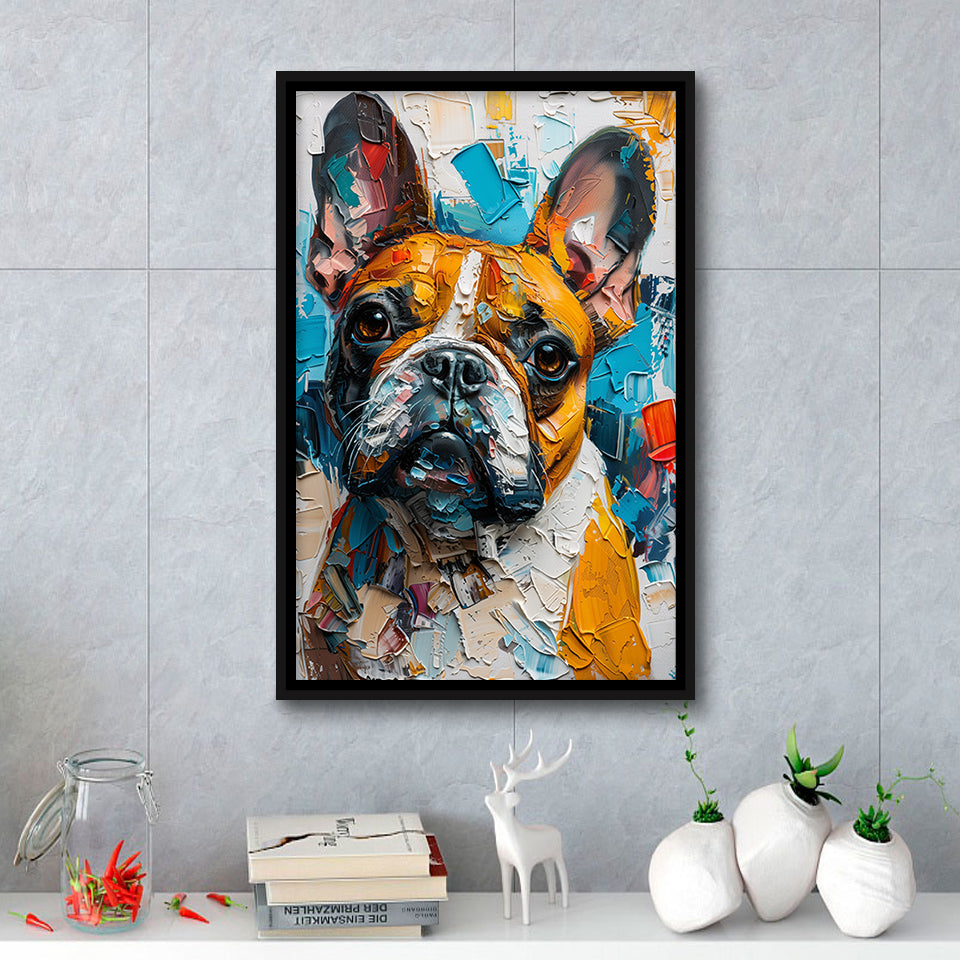 French Bulldog, Cute Dog Portrait Painting Colorful, Framed Canvas Prints Wall Art Decor, Floating Frame