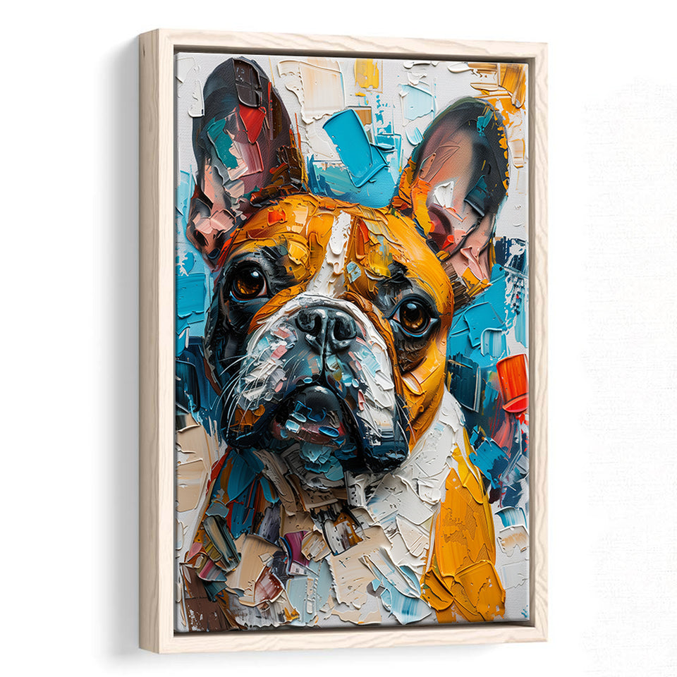 French Bulldog, Cute Dog Portrait Painting Colorful, Framed Canvas Prints Wall Art Decor, Floating Frame