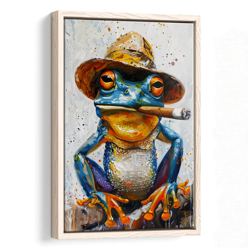 Frog Smoking Cigar Portrait, Unique Art, Framed Canvas Painting, Framed Canvas Prints Wall Art Decor