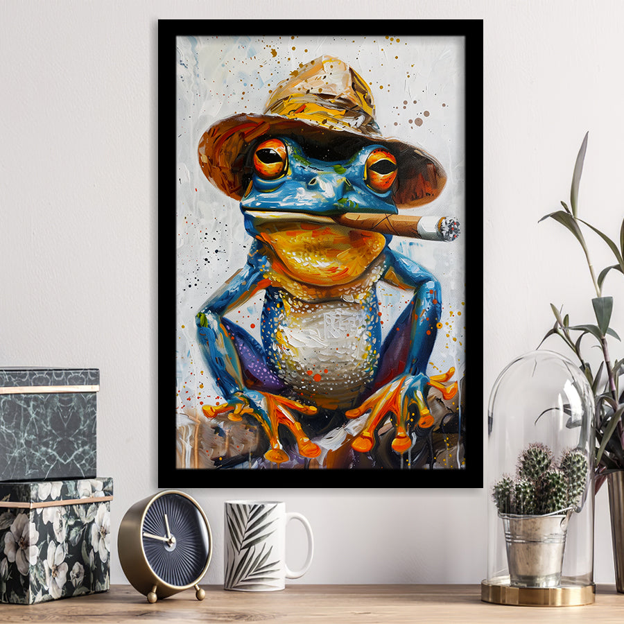 Frog Smoking Cigar Portrait, Unique Art, Framed Art Print Wall Decor, Framed Picture
