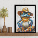 Frog Smoking Cigar Portrait, Unique Art, Framed Canvas Painting, Framed Canvas Prints Wall Art Decor