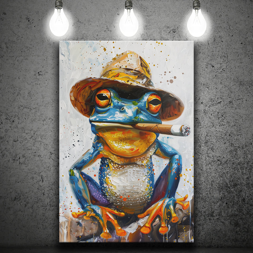 Frog Smoking Cigar Portrait, Unique Art, Canvas Painting, Canvas Prints Wall Art Decor