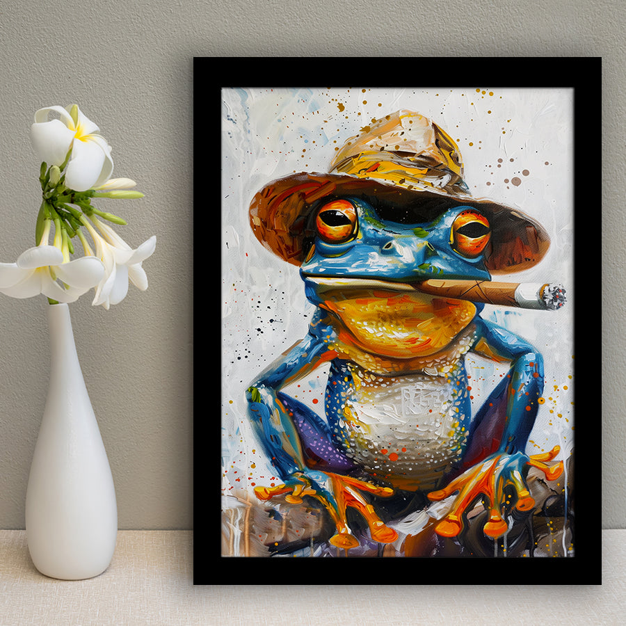 Frog Smoking Cigar Portrait, Unique Art, Framed Art Print Wall Decor, Framed Picture