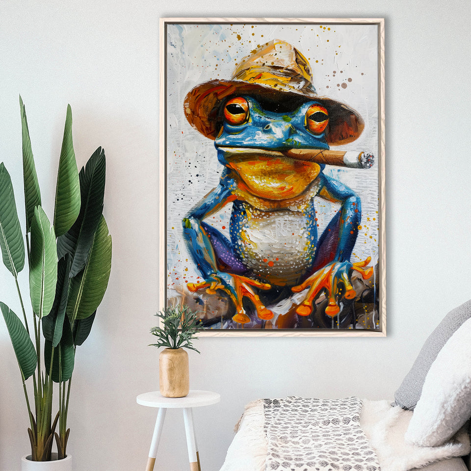 Frog Smoking Cigar Portrait, Unique Art, Framed Canvas Painting, Framed Canvas Prints Wall Art Decor