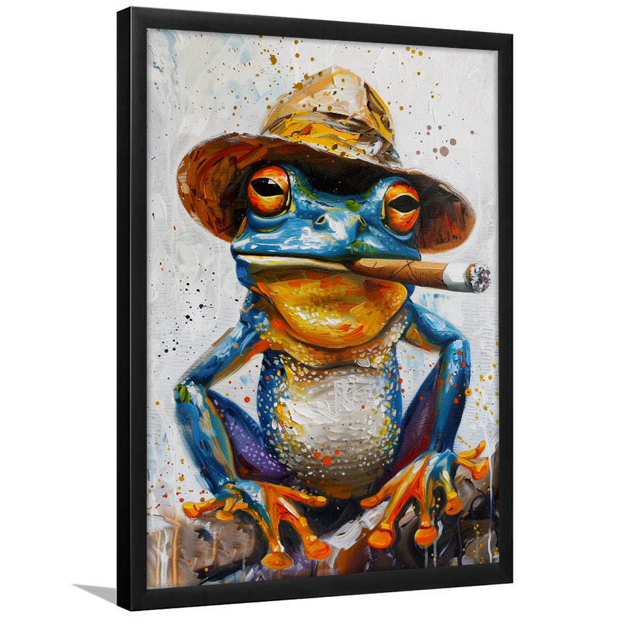 Frog Smoking Cigar Portrait, Unique Art, Framed Art Print Wall Decor, Framed Picture