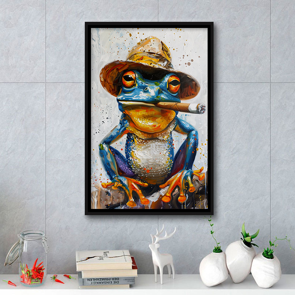 Frog Smoking Cigar Portrait, Unique Art, Framed Canvas Painting, Framed Canvas Prints Wall Art Decor