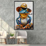 Frog Smoking Cigar Portrait, Unique Art, Framed Canvas Painting, Framed Canvas Prints Wall Art Decor