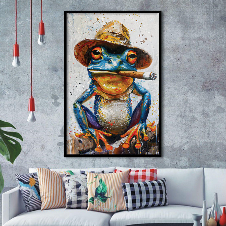 Frog Smoking Cigar Portrait, Unique Art, Framed Art Print Wall Decor, Framed Picture