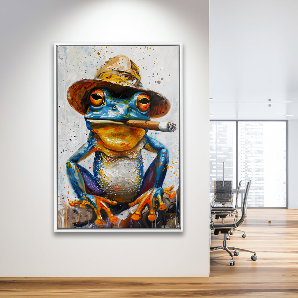 Frog Smoking Cigar Portrait, Unique Art, Framed Canvas Painting, Framed Canvas Prints Wall Art Decor