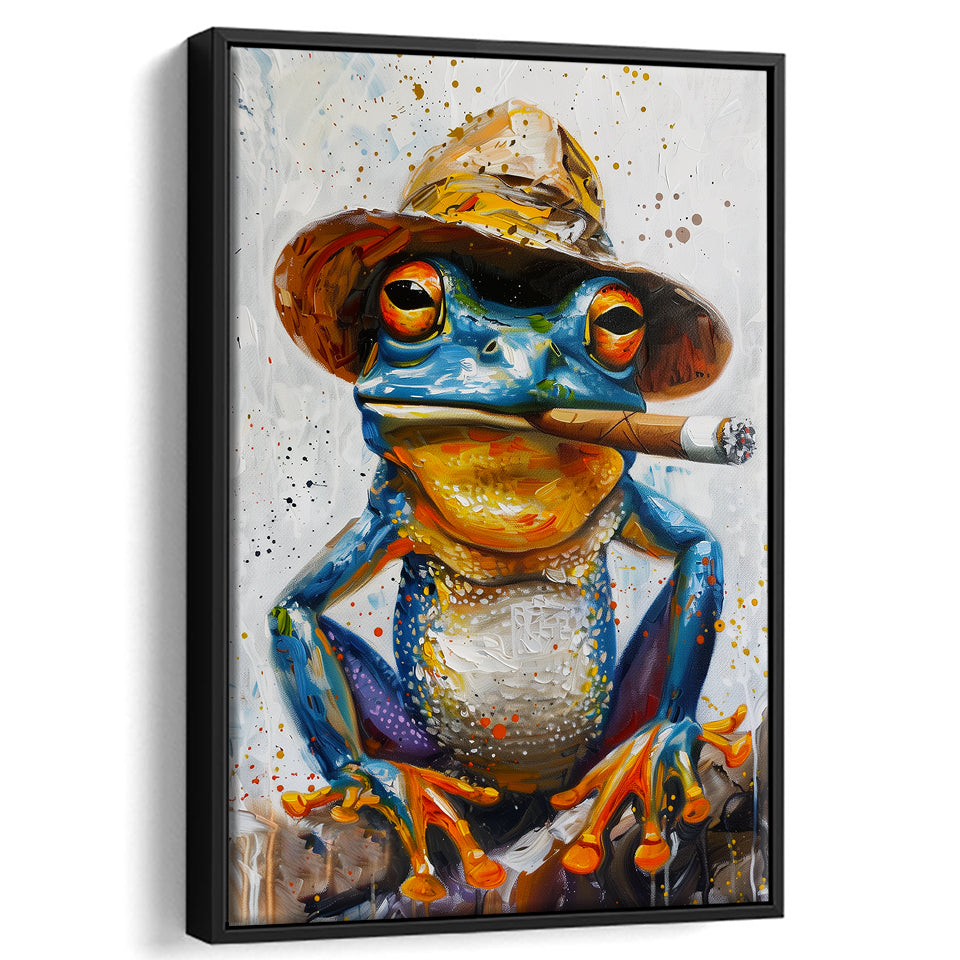 Frog Smoking Cigar Portrait, Unique Art, Framed Canvas Painting, Framed Canvas Prints Wall Art Decor