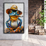 Frog Smoking Cigar Portrait, Unique Art, Framed Canvas Painting, Framed Canvas Prints Wall Art Decor