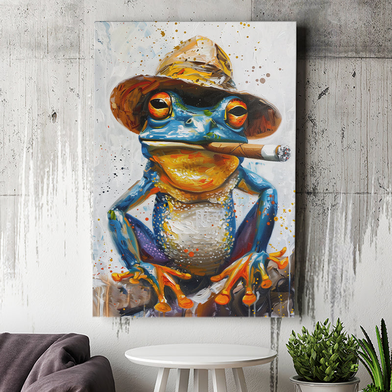 Frog Smoking Cigar Portrait, Unique Art, Canvas Painting, Canvas Prints Wall Art Decor