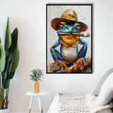 Frog Smoking Cigar Portrait, Unique Art, Framed Canvas Painting, Framed Canvas Prints Wall Art Decor