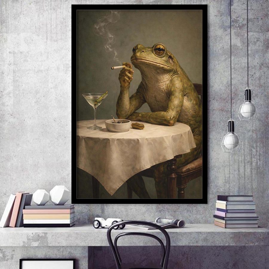 Frog Smoking A Cigarette Vintage, Retro Whimsical Print Funny Animal Dirty Martini Wall Art, Framed Art Print, Fine Art Wall Decor