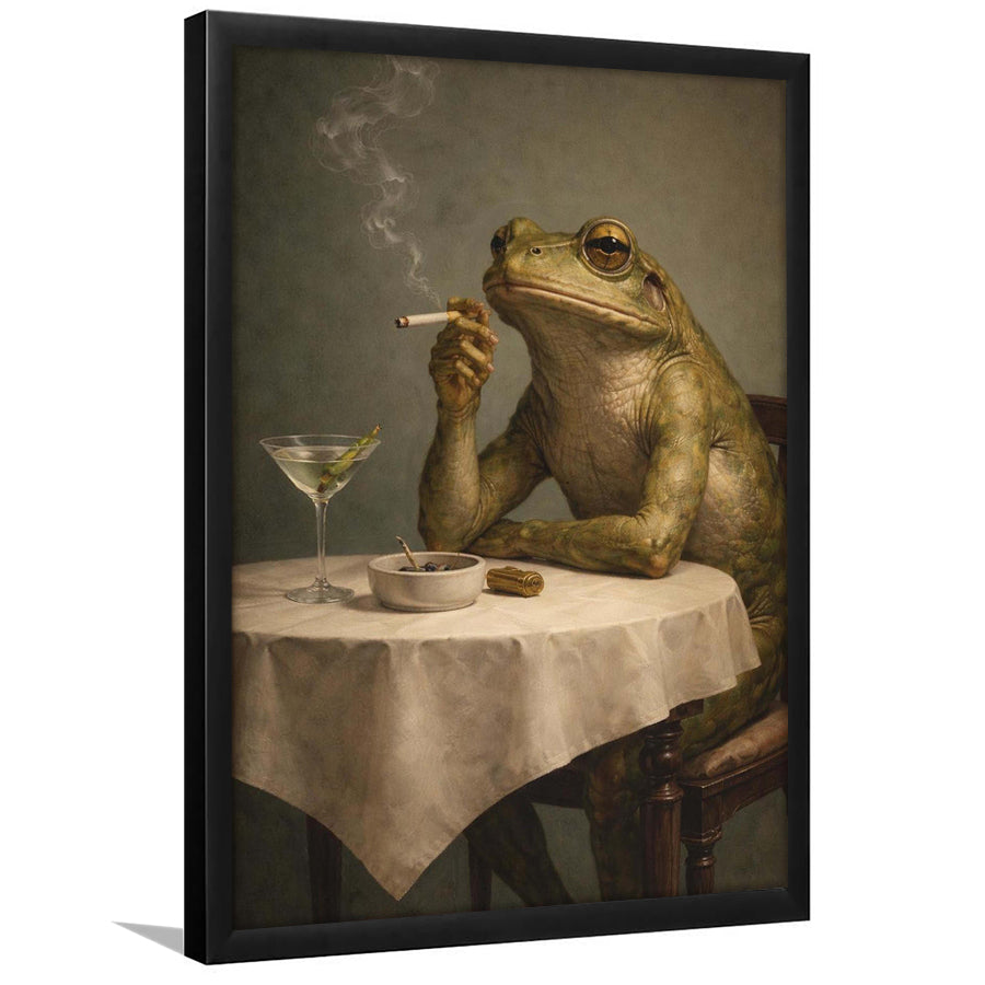 Frog Smoking A Cigarette Vintage, Retro Whimsical Print Funny Animal Dirty Martini Wall Art, Framed Art Print, Fine Art Wall Decor