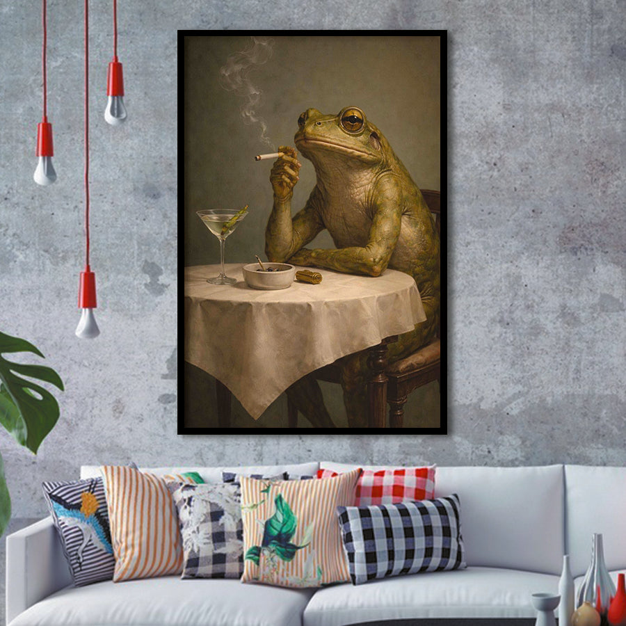 Frog Smoking A Cigarette Vintage, Retro Whimsical Print Funny Animal Dirty Martini Wall Art, Framed Art Print, Fine Art Wall Decor