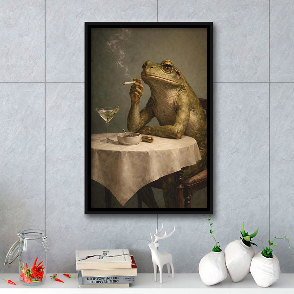 Frog Smoking A Cigarette Vintage, Retro Whimsical, Funny Animal Dirty Martini Wall Art, Framed Canvas Print, Floating Frame