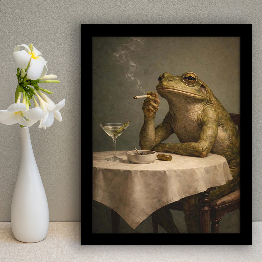 Frog Smoking A Cigarette Vintage, Retro Whimsical Print Funny Animal Dirty Martini Wall Art, Framed Art Print, Fine Art Wall Decor