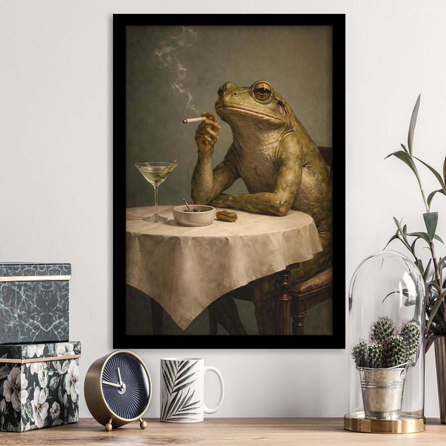 Frog Smoking A Cigarette Vintage, Retro Whimsical Print Funny Animal Dirty Martini Wall Art, Framed Art Print, Fine Art Wall Decor