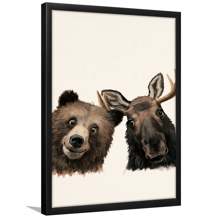Funny Bear And Moose Portrait Painting, Animal Wall Art, Pet Lover Art, Framed Art Print, Fine Art Wall Decor