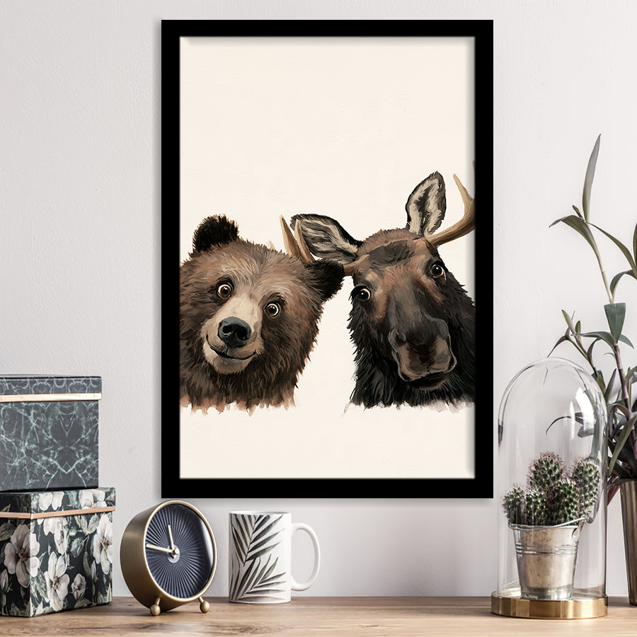 Funny Bear And Moose Portrait Painting, Animal Wall Art, Pet Lover Art, Framed Art Print, Fine Art Wall Decor