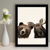 Funny Bear And Moose Portrait Painting, Animal Wall Art, Pet Lover Art, Framed Art Print, Fine Art Wall Decor