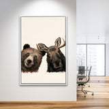 Funny Bear And Moose Portrait Painting, Animal Wall Art, Pet Lover Art, Framed Canvas Print, Floating Frame