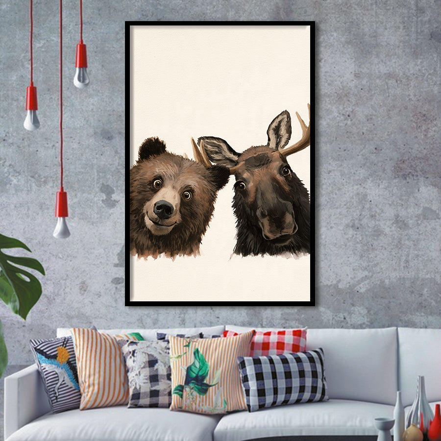 Funny Bear And Moose Portrait Painting, Animal Wall Art, Pet Lover Art, Framed Art Print, Fine Art Wall Decor