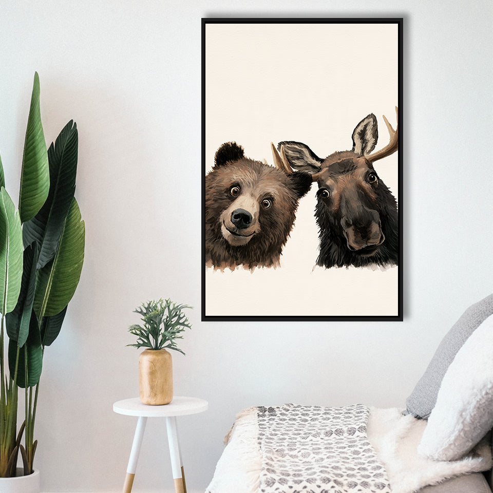 Funny Bear And Moose Portrait Painting, Animal Wall Art, Pet Lover Art, Framed Canvas Print, Floating Frame