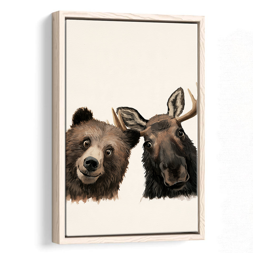 Funny Bear And Moose Portrait Painting, Animal Wall Art, Pet Lover Art, Framed Canvas Print, Floating Frame
