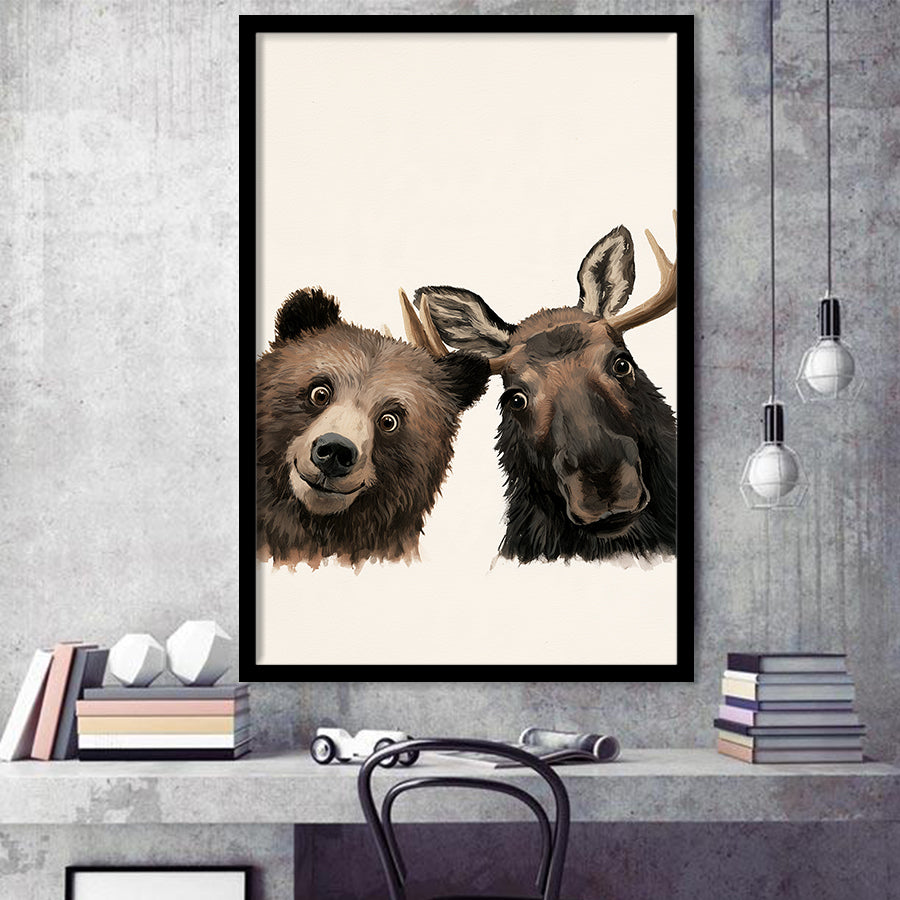 Funny Bear And Moose Portrait Painting, Animal Wall Art, Pet Lover Art, Framed Art Print, Fine Art Wall Decor