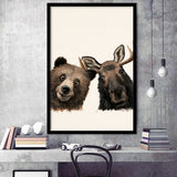 Funny Bear And Moose Portrait Painting, Animal Wall Art, Pet Lover Art, Framed Art Print, Fine Art Wall Decor