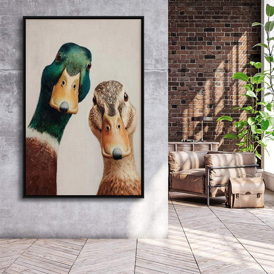 Funny Duck Art Print, Mallard Pair Portrait, Animal Wall Art, Funny Art, Framed Canvas Print, Floating Frame