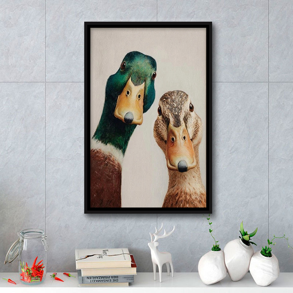 Funny Duck Art Print, Mallard Pair Portrait, Animal Wall Art, Funny Art, Framed Canvas Print, Floating Frame