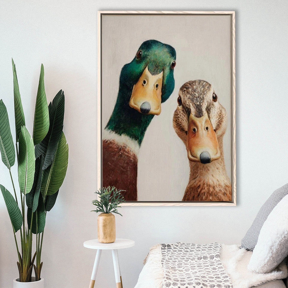 Funny Duck Art Print, Mallard Pair Portrait, Animal Wall Art, Funny Art, Framed Canvas Print, Floating Frame