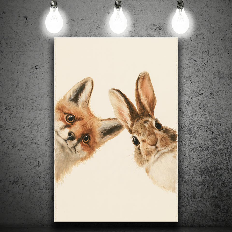 Funny A Fox And A Rabbit Art Print, Kid Room Decor, Pet Lover Painting, Canvas Print Wall Art, Wall Decor