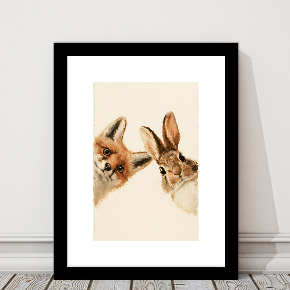 Funny A Fox And A Rabbit Art Print, Kid Room Decor, Pet Lover Painting, Framed Art Print White Border