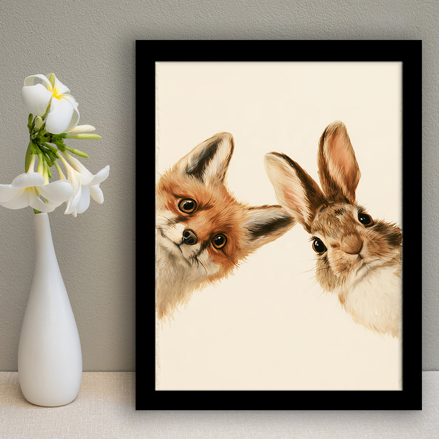 Funny A Fox And A Rabbit Art Print, Kid Room Decor, Pet Lover Painting, Framed Art Print, Fine Art Wall Decor