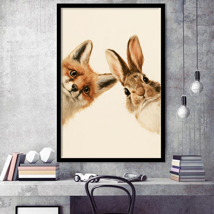 Funny A Fox And A Rabbit Art Print, Kid Room Decor, Pet Lover Painting, Framed Art Print, Fine Art Wall Decor